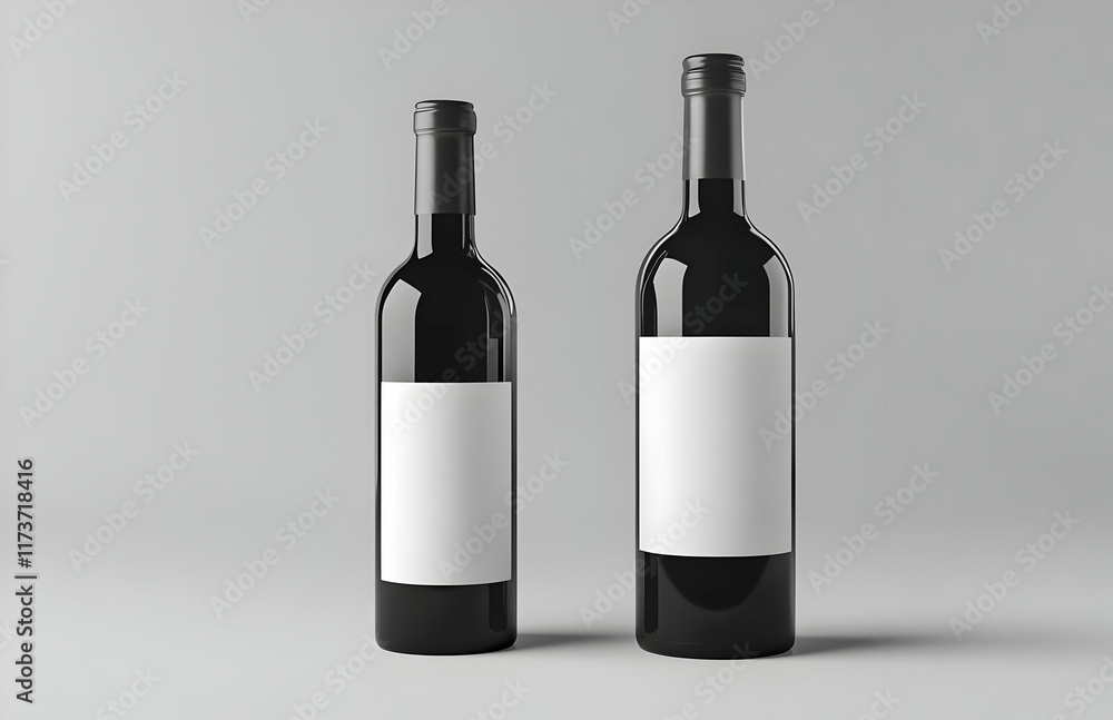 Two black wine bottles with blank white labels on a gray background. One bottle is taller than the other, showcasing size variation. Perfect for mockups or label designs. Two black wine bottles with blank white labels on a gray background. One bottle is taller than the other, showcasing size variation. Perfect for mockups or label designs.