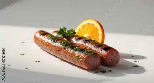 Gourmet Grilled Sausage with Orange Garnish photo