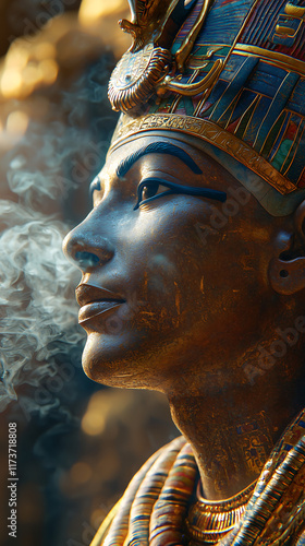 Closeup of a regal statue of Tutankhamun adorned in gold wearing a royal headdress Incense smoke swirls around his face evoking ancient Egyptian rituals and mystique photo