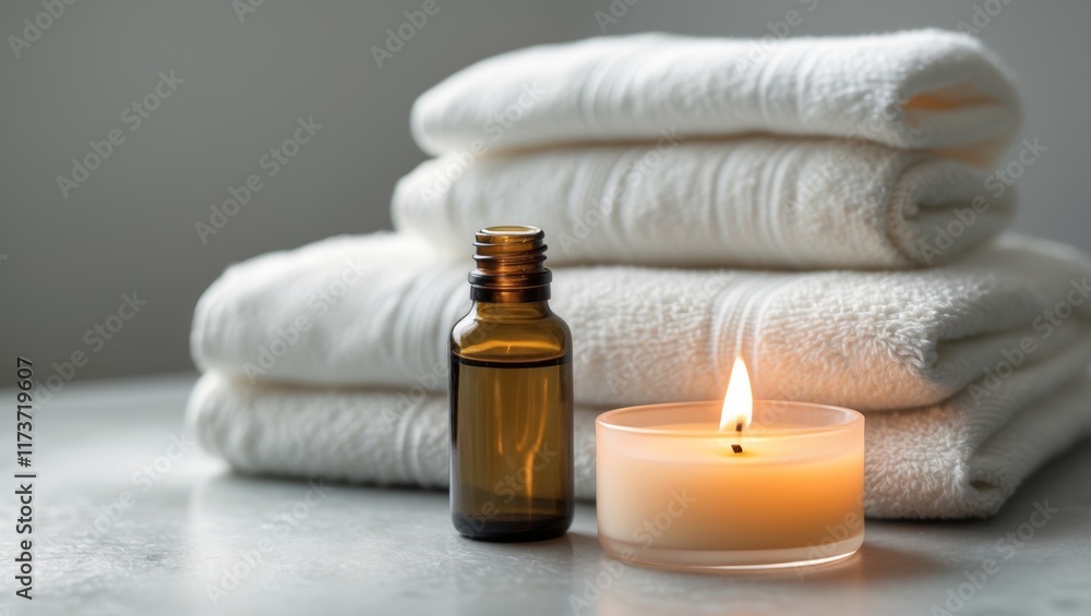 A bottle of essential oil is on a white towel next to a candle A bottle of essential oil is on a white towel next to a candle