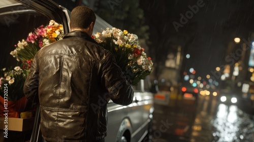 Delivery driver transporting flower arrangements in a rainy city night urban environment action scene