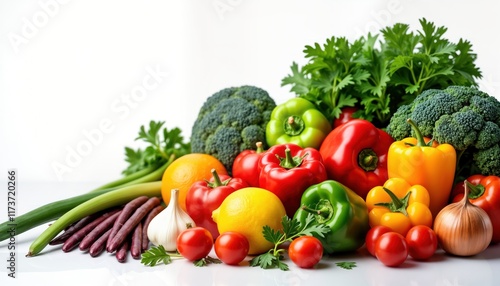 Fototapeta Naklejka Na Ścianę i Meble -  Fresh fruits, vegetables on white background. Colorful array of produce includes tomatoes peppers broccoli citrus fruits, herbs. Healthy food ingredients for fresh vegan meal. Natural nourishment