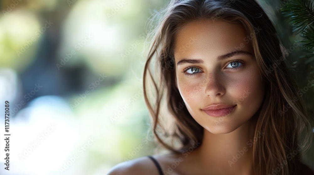 Fototapeta premium Stunning Portrait of a Young Woman with Freckles and Blue Eyes