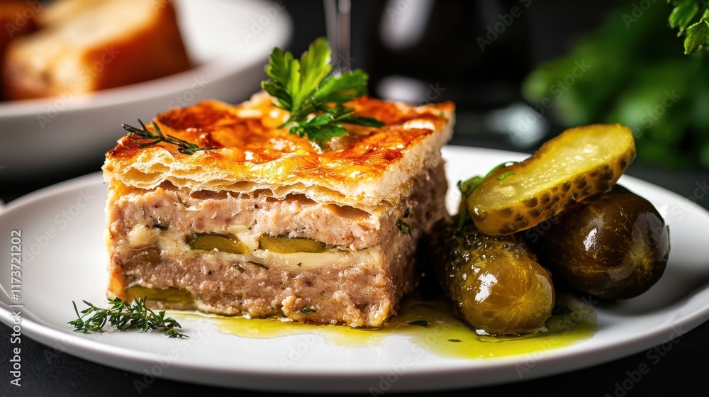 A plate of food with a meat pie and pickles on it A plate of food with a meat pie and pickles on it