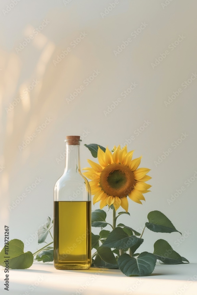 Sunflower oil in a glass bottle with a sunflower and green leaves on a bright background Sunflower oil in a glass bottle with a sunflower and green leaves on a bright background