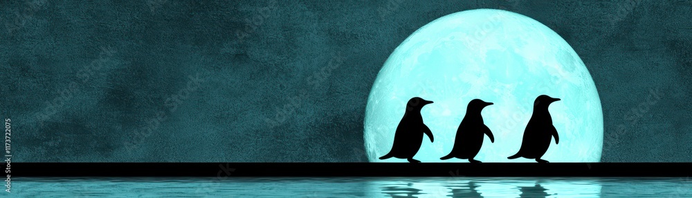 Naklejka premium Three penguins stand on a ledge against a large, glowing moon, creating a serene, nighttime atmosphere.