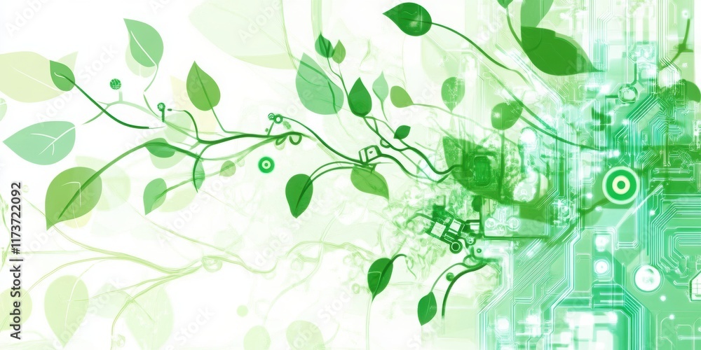 Eco-friendly technology design with circuit board patterns integrated with nature in a futuristic style Eco-friendly technology design with circuit board patterns integrated with nature in a futuristic style