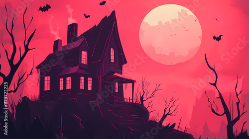 Halloween background with haunted house, bats and moon. vector illustration. Moonrise. Illustration photo