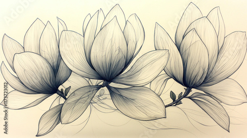 Three sketched magnolias on beige backdrop, delicate lines, elegant floral art