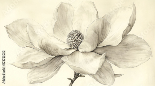 Blooming magnolia flower sketch on light background, wall art