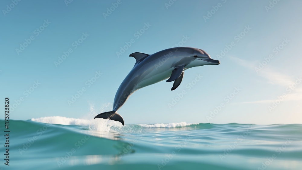 Fototapeta premium Dolphin jumping over ocean waves under clear blue sky