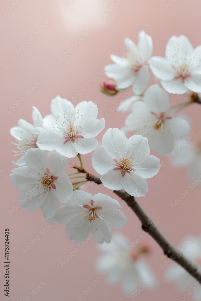 White cherry blossoms on soft pink background create serene scene White cherry blossoms on soft pink background create serene scene
