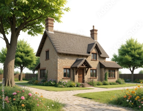 Charming stone cottage in a garden photo