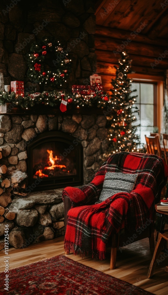 Cozy Christmas scene: fireplace, decorated mantel, and a comfy armchair draped in a red plaid throw. Cozy Christmas scene: fireplace, decorated mantel, and a comfy armchair draped in a red plaid throw.