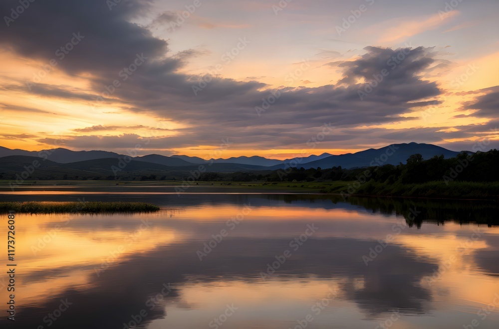 Obraz premium 湖と山と夕焼けの美しい景色