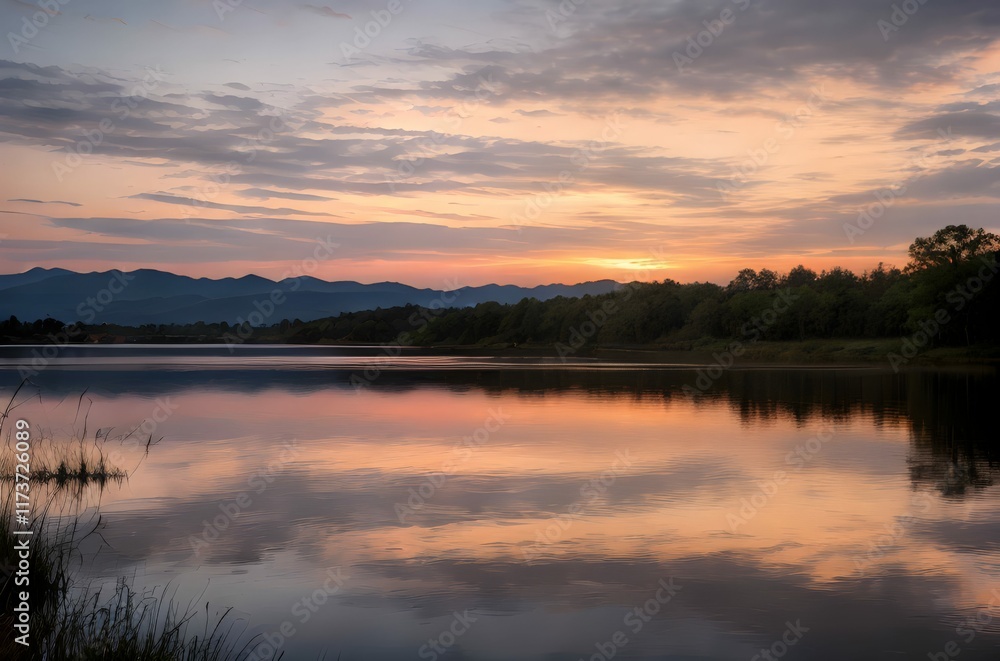 湖と山と夕焼けの美しい景色 湖と山と夕焼けの美しい景色