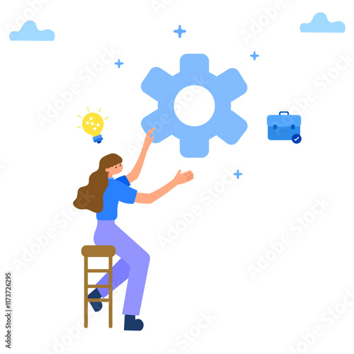 businesswoman adjusting gear with idea light bulb vector illustration