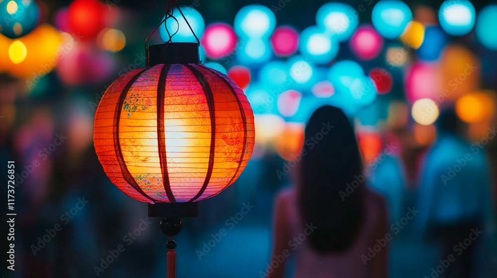 A macro image of a colorful lantern glowing, with a girl walking through a festival in the background. A macro image of a colorful lantern glowing, with a girl walking through a festival in the background.