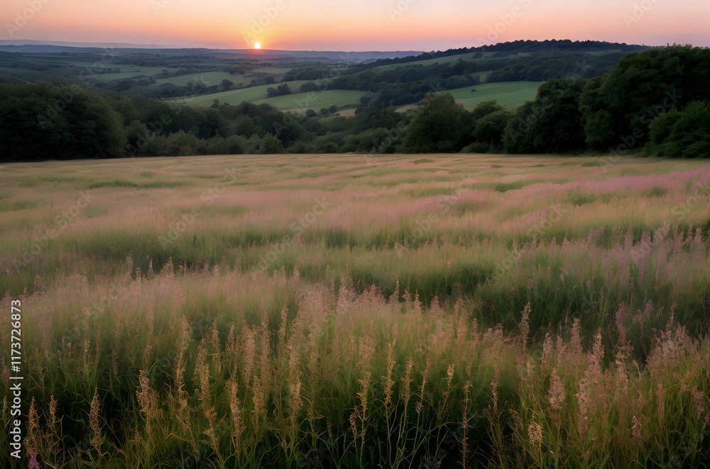 Fototapeta premium 空, 野原, 夕焼け, 風景, 草, 自然, 牧草地, 緑, 太陽, サマータイム, 日の出, 雲, ルーラル,
