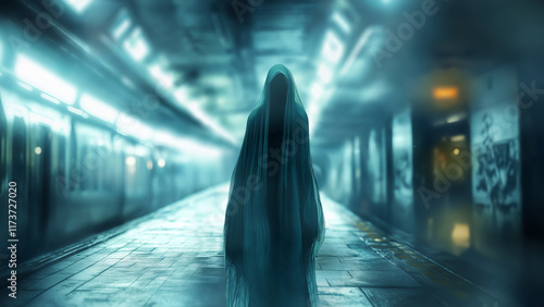 Mysterious figure in a foggy subway platform during late night hours