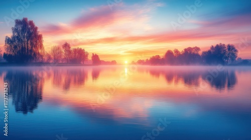 Wallpaper Mural Vibrant sunrise over calm lake reflecting colorful sky and trees. Torontodigital.ca