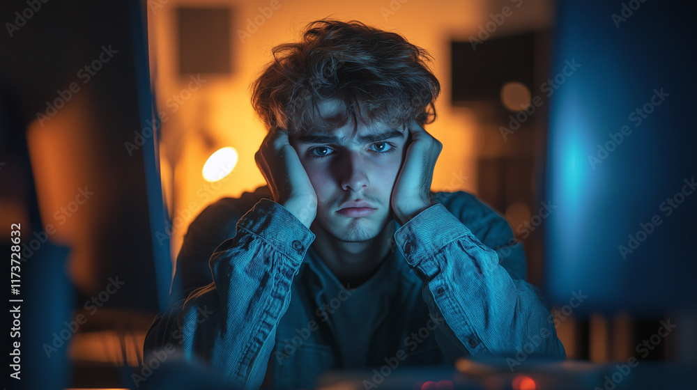 Fototapeta premium Tired young man sitting at desk in dimly lit room