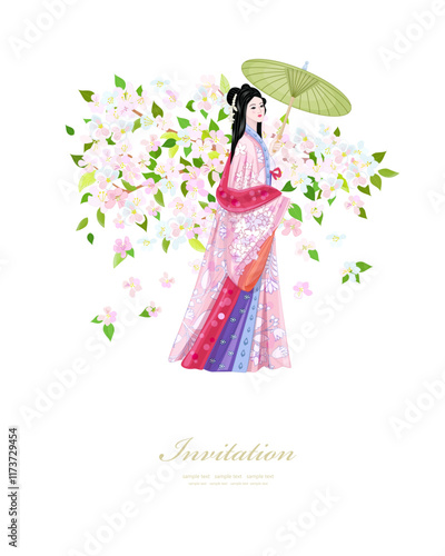 invitation card with graceful lady in profile with umbrella