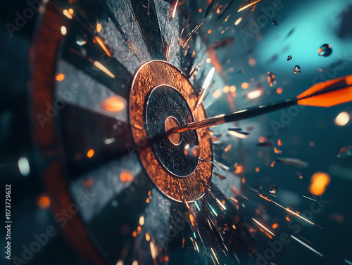 Arrow hitting bullseye on target with dramatic sparks
