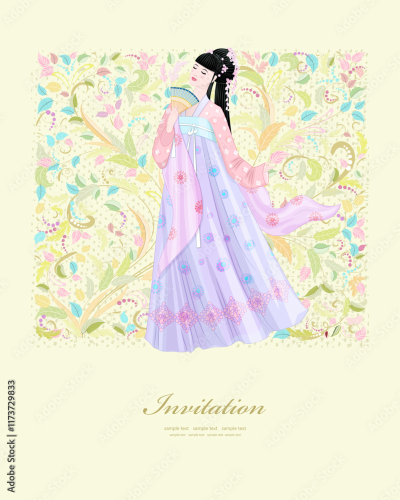 invitation card with pretty girl against floral pattern invitation card with pretty girl against floral pattern