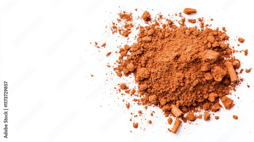 Cinnamon Powder Isolated on White Background - Aromatic spice, warm flavor, baking ingredient, culinary use, autumnal feel. A perfect image for food blogs and recipes. Cinnamon Powder Isolated on White Background - Aromatic spice, warm flavor, baking ingredient, culinary use, autumnal feel. A perfect image for food blogs and recipes.