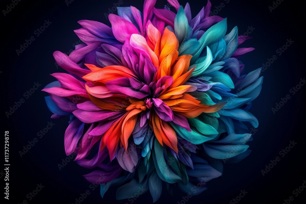 Magnified Artistic Visualization of a Colorful Virus Particle with Vibrant Petal-Like Structures on a Dark Background Magnified Artistic Visualization of a Colorful Virus Particle with Vibrant Petal-Like Structures on a Dark Background