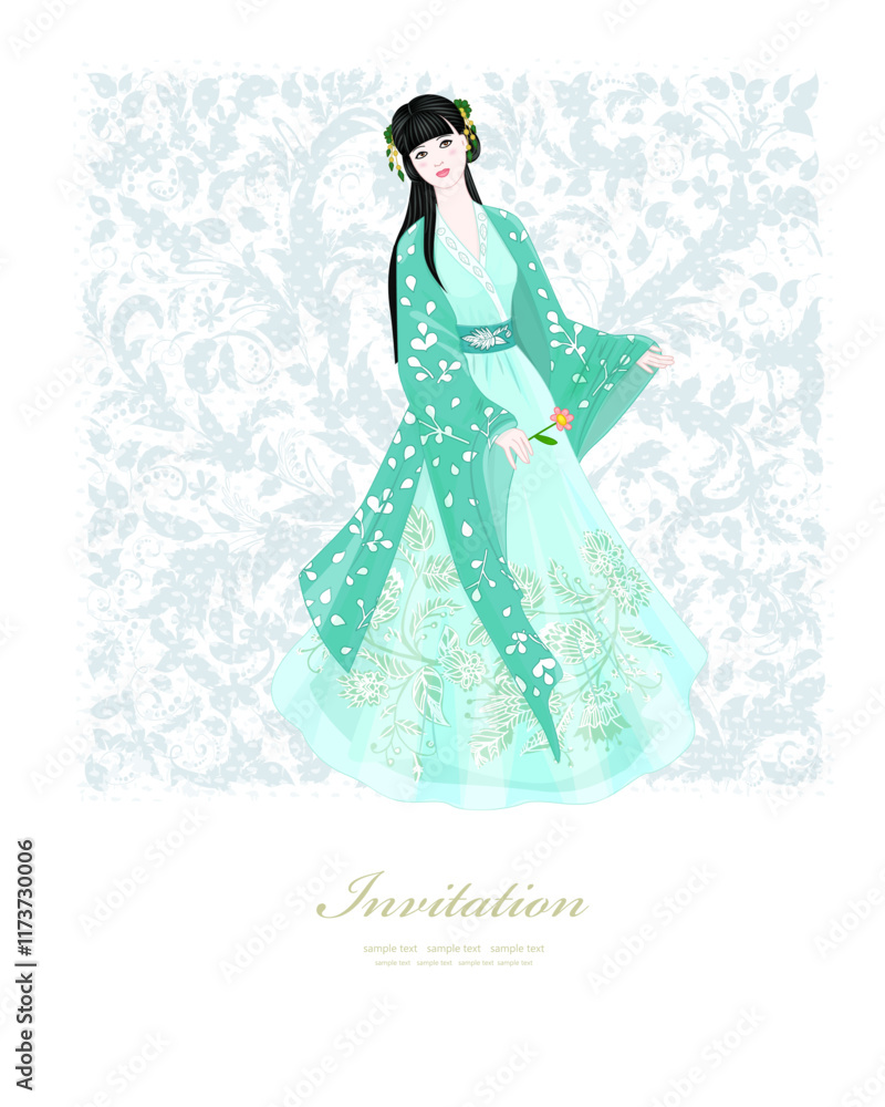 invitation card with dancing pretty girl with flower invitation card with dancing pretty girl with flower