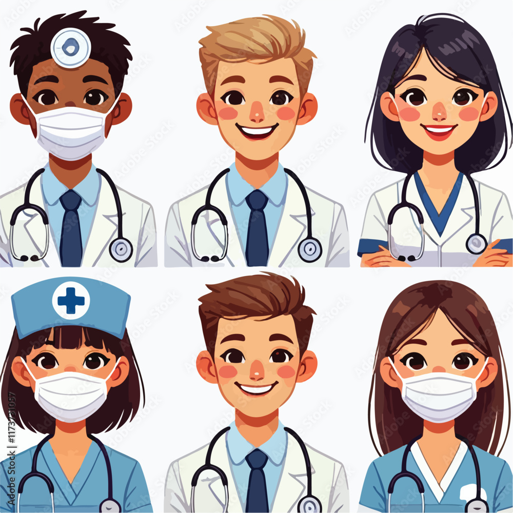 Set of smiling doctors, nurses and paramedics. Portraits of male and female medic workers in uniform with stethoscopes, masks and gloves. Flat cartoon vector illustration isolated on white background Set of smiling doctors, nurses and paramedics. Portraits of male and female medic workers in uniform with stethoscopes, masks and gloves. Flat cartoon vector illustration isolated on white background