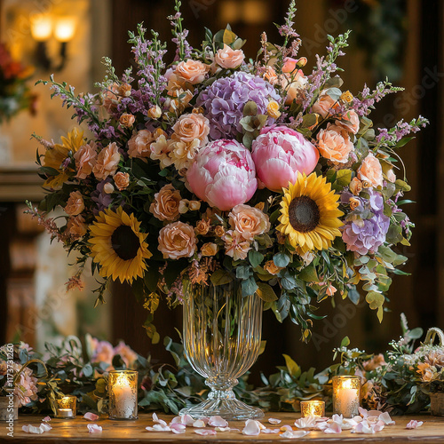 Large floral centerpiece with sunflowers, peonies, hydrangeas on table in ornate room with candles