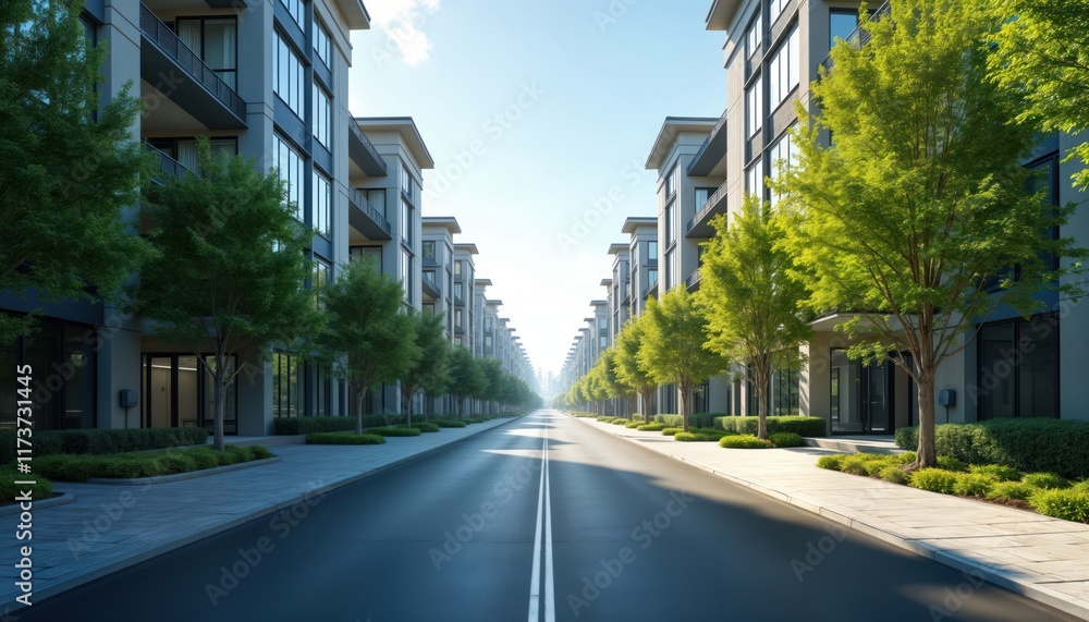 Wide asphalt road runs between modern apartment buildings. Green trees line both sides of road creating tranquil urban landscape. Bright sunlight illuminates scene creating warm summer day Wide asphalt road runs between modern apartment buildings. Green trees line both sides of road creating tranquil urban landscape. Bright sunlight illuminates scene creating warm summer day