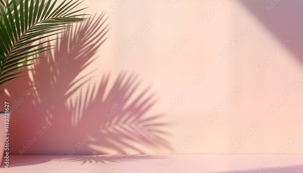 Fototapeta premium Minimalist interior setting. Palm leaves cast soft shadows on pale pink wall. Sunlight illuminates scene. Empty space perfect for product display. Ideal for spring summer themes. Gentle light creates