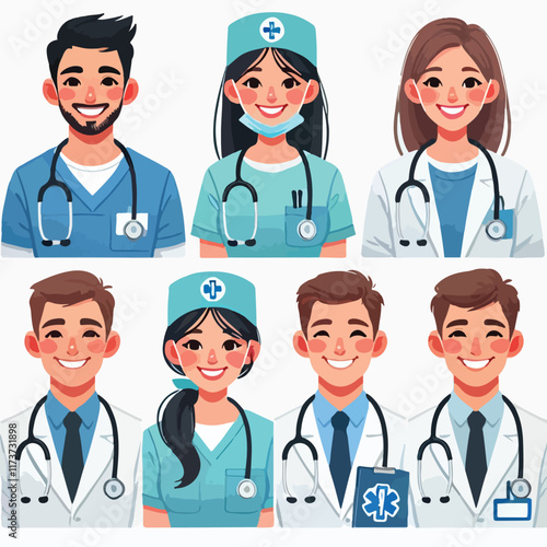 Set of smiling doctors, nurses and paramedics. Portraits of male and female medic workers in uniform with stethoscopes, masks and gloves. Flat cartoon vector illustration isolated on white background