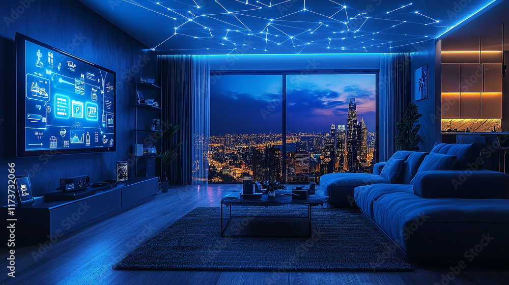 A stylish living room with connected IoT devices, such as a smart TV, voice assistants, and automated lighting, all integrated into the space A stylish living room with connected IoT devices, such as a smart TV, voice assistants, and automated lighting, all integrated into the space