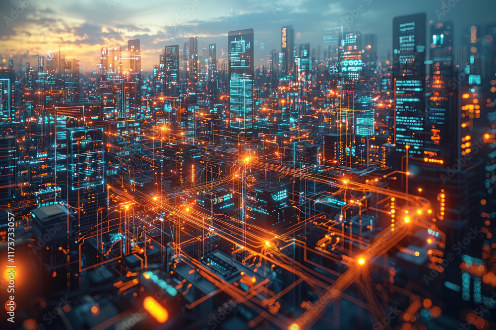 Networked cityscape at sunset with data flow visualization Networked cityscape at sunset with data flow visualization