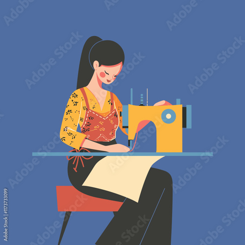 Elegant illustration Of A woman is using a sewing machine Vector