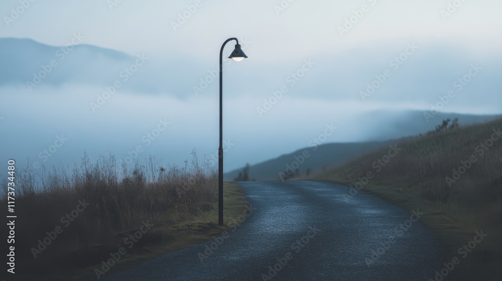 Φωτογραφία Solitary lamppost on a foggy road winding through misty hills.