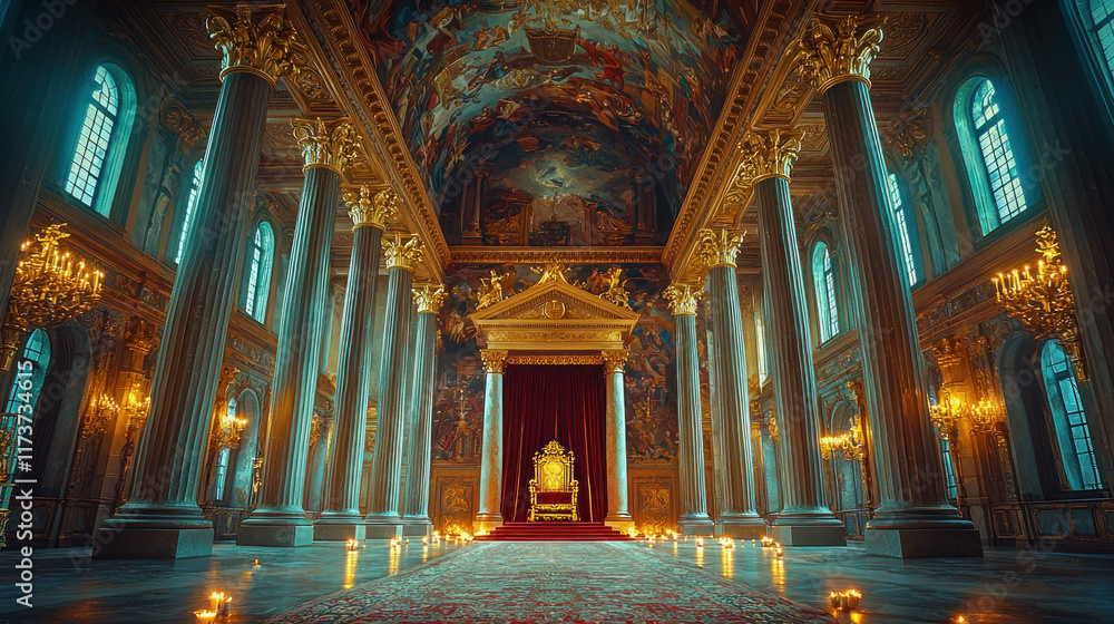 Fototapeta premium Grand throne room, palace interior, ornate columns, fresco ceiling, ceremonial use