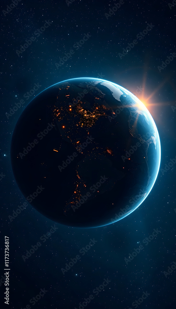 Fototapeta premium Planet Earth with city lights in space with stars, isometry, with white tones