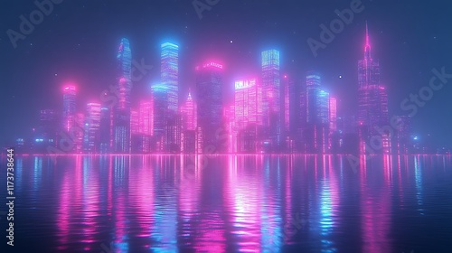Neon cityscape reflected in water at night.