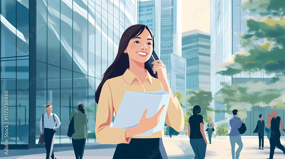 Fototapeta premium Business professional walking in a cityscape with modern buildings while talking on the phone. Generative AI