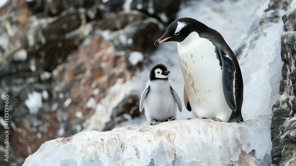 Naklejka premium A penguin standing on an icy cliff , animal with his child, realistic photo