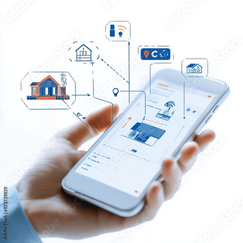 Smart home management app user hand mobile technology digital interface modern environment home automation concepts photo