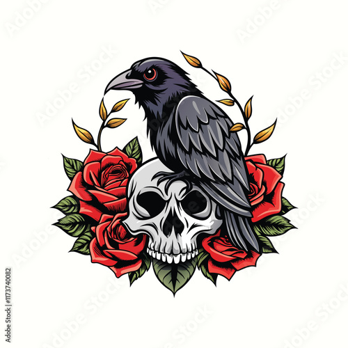 Crow Raven perched on a skull surrounded by roses, a captivating Colorful tattoo design Vector Illustration
