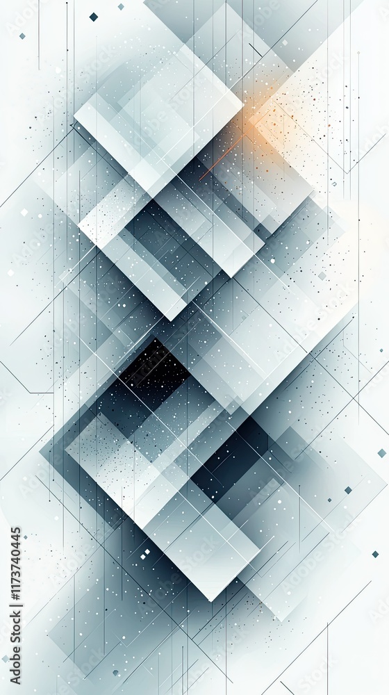 Abstract geometric shapes, white, gray, and black cubes, digital art.