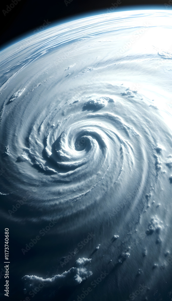 A large typhoon or cyclone in the earth atmosphere seen from space, realistic, with white tones A large typhoon or cyclone in the earth atmosphere seen from space, realistic, with white tones
